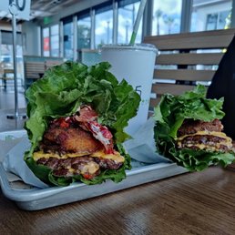 Double smoke shack with a fried portobello, lettuce wrapped. Double smoke shack with a fried portobello, lettuce wrapped.