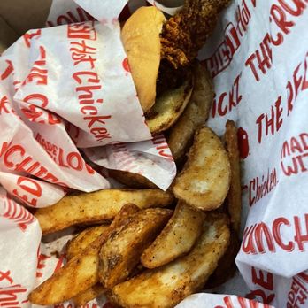 The Red Chickz - The Original Sandwich - bonfire - with wedges - Chicken Shop Near Me - Carlsbad, California