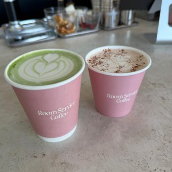 Room Service Coffee - Hot oat milk matcha latte and whole milk hot chocolate. - Coffee & Tea Near Me - Ventura, California Room Service Coffee - Hot oat milk matcha latte and whole milk hot chocolate. - Coffee & Tea Near Me - Ventura, California