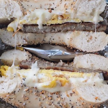 K & A Bagel Cafe - Egg, Sausage and Cheese on Everything Bagel ($4ish?) - Bagels Near Me - Cherry Hill, New Jersey K & A Bagel Cafe - Egg, Sausage and Cheese on Everything Bagel ($4ish?) - Bagels Near Me - Cherry Hill, New Jersey