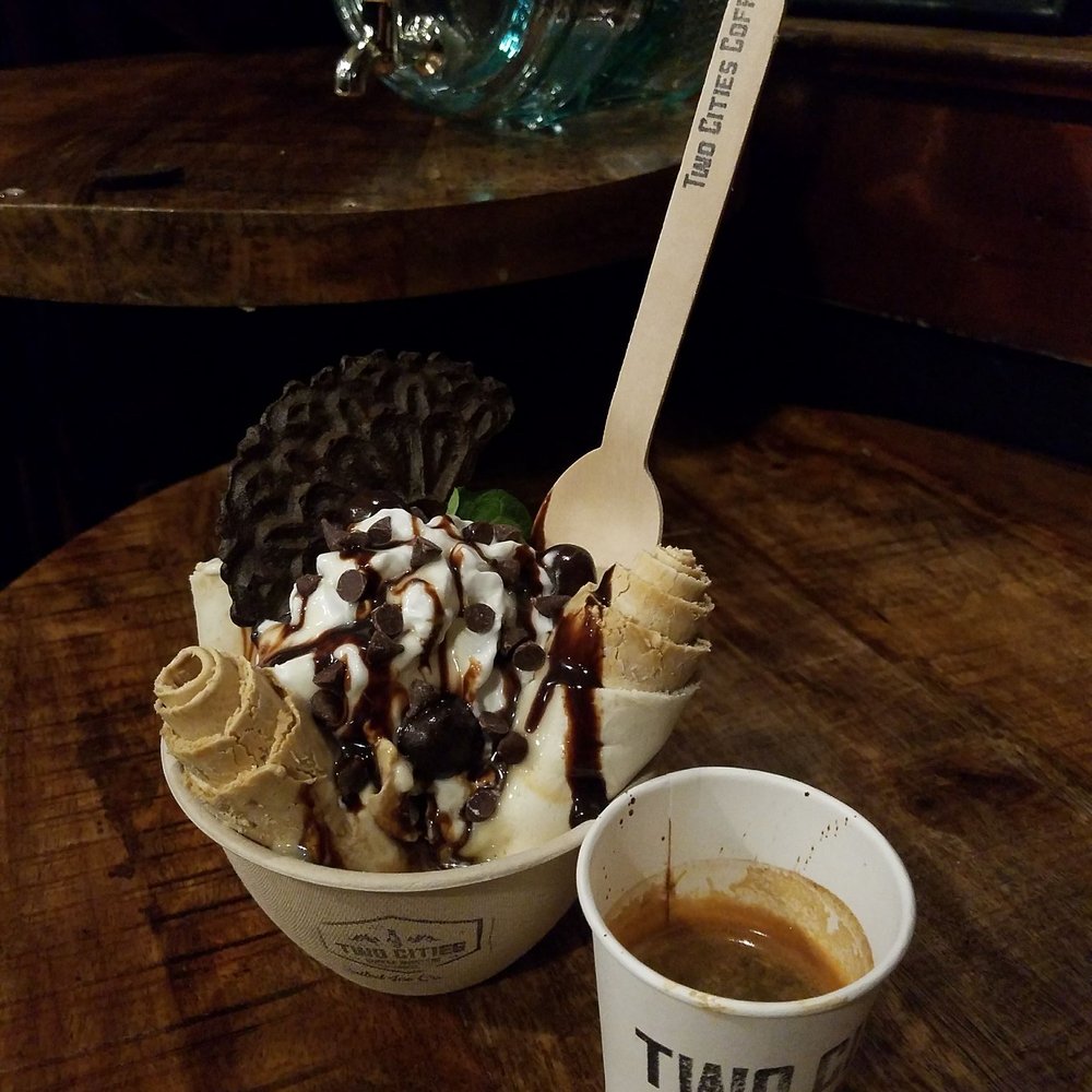 Two Cities Coffee Roasters - Penguin Late rolled ice cream with a shot of espresso. - Coffee Roasteries Near Me - Clovis, California Two Cities Coffee Roasters - Penguin Late rolled ice cream with a shot of espresso. - Coffee Roasteries Near Me - Clovis, California