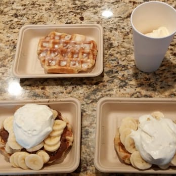 Waffle Love - Clockwise, from top- Cinnamon roll, ice cream, Choc-filled, & Banana-Nutella. - Waffles Near Me - Provo, Utah Waffle Love - Clockwise, from top- Cinnamon roll, ice cream, Choc-filled, & Banana-Nutella. - Waffles Near Me - Provo, Utah
