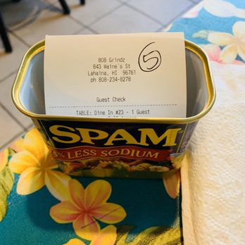 808 Grindz Cafe - Receipt in a Spam Can... love it - Cafes Near Me - Lahaina, Hawaii 808 Grindz Cafe - Receipt in a Spam Can... love it - Cafes Near Me - Lahaina, Hawaii