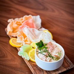 Stadium Club - Shrimp French Onion Dip - baby Florida pink shrimp, crunchy shrimp toast crackers, lemon, scallions