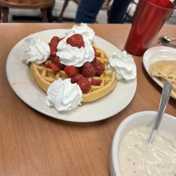 Harold Waite Pancake and Steak House - Waffle with strawberries and whip cream