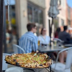 DryHop Brewers - Little Green Men Pizza (cream, mortadella (pork), pistachio pesto, mozzarella, lemon zest, crushed pistachio)