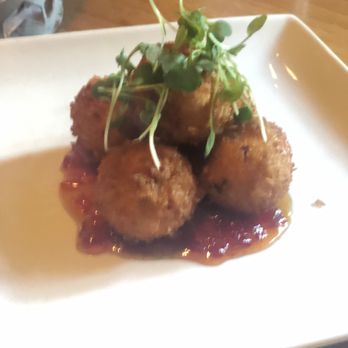 Vin 25 - Pimento cheese fritters on top of pepper jelly - New American Near Me - Roswell, Georgia Vin 25 - Pimento cheese fritters on top of pepper jelly - New American Near Me - Roswell, Georgia
