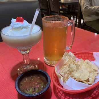 Bonito Sinaloa - Piña Colada, chips and salsa (spicy!) and cerveza modelo de barril con limon and Tajín! - Mexican Near Me - Anaheim, California