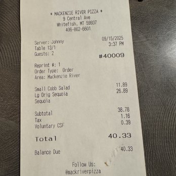 MacKenzie River Pizza Co. - Receipt - Pizza Near Me - Whitefish, Montana