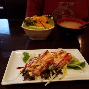 Yamato Japan - Surprise appetizer roll which had crab and lobster. Side salad with ginger dressing and miso soup which come with Sashimi Deluxe Dinner. - Sushi Bars Near Me - Leominster, Massachusetts Yamato Japan - Surprise appetizer roll which had crab and lobster. Side salad with ginger dressing and miso soup which come with Sashimi Deluxe Dinner. - Sushi Bars Near Me - Leominster, Massachusetts