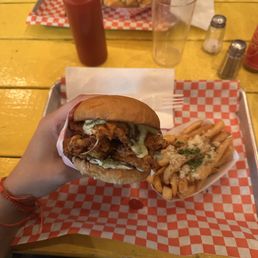 Hot Honey BBQ Chicken Sandwich with Garlic Fries