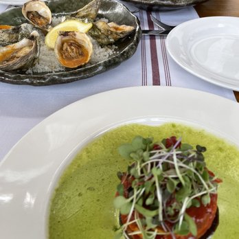 La Bicyclette - Roasted oysters (back) and roasted eggplants and squash are tasty - French Near Me - Carmel, California