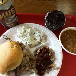 Young's Barbeque - Pulled pork sandwich with potato salad, baked beans, and homemade whoopie pie