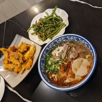 Lan Feast - Fried oyster mushrooms, garlic green beans, hand pulled noodles - Chinese Near Me - Brookline, Massachusetts