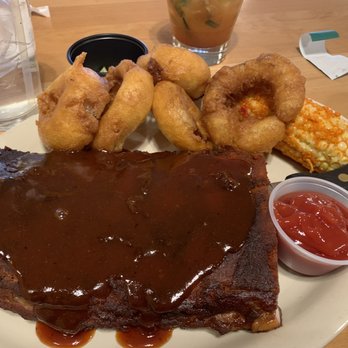 Moab Brewery - Unevenly cooked Ribs with "elote" (that's not) and mushy batter "onion" rings - American Near Me - Moab, Utah