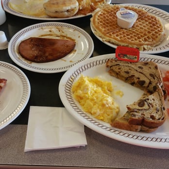 Waffle House - Front-The cheesy eggs with raisin toast and tomatoes with a side of bacon Back-All star special with hash, eggs, biscuit, ham and waffle - Diners Near Me - Owasso, Oklahoma Waffle House - Front-The cheesy eggs with raisin toast and tomatoes with a side of bacon Back-All star special with hash, eggs, biscuit, ham and waffle - Diners Near Me - Owasso, Oklahoma