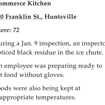 Commerce Kitchen - A 72 health score?!? Time for new staff! - American Near Me - Huntsville, Alabama Commerce Kitchen - A 72 health score?!? Time for new staff! - American Near Me - Huntsville, Alabama
