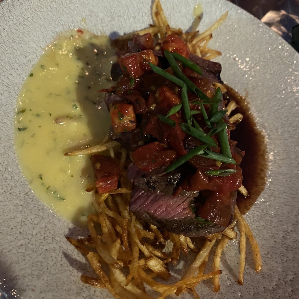 Cadre Restaurant - Manhattan strip, heirloom tomato au buerre, duck fat frites, beef demi-glace, sauce bearnaise. Quite a bit of fat - French Near Me - Madison, Wisconsin Cadre Restaurant - Manhattan strip, heirloom tomato au buerre, duck fat frites, beef demi-glace, sauce bearnaise. Quite a bit of fat - French Near Me - Madison, Wisconsin