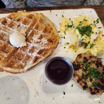 First Watch - TRI-FECTA - Two fresh cage-free eggs scrambled with either a light and airy Belgian waffle. Plus a chicken sausage patty, - American Near Me - Concord, North Carolina First Watch - TRI-FECTA - Two fresh cage-free eggs scrambled with either a light and airy Belgian waffle. Plus a chicken sausage patty, - American Near Me - Concord, North Carolina