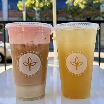 Sinceretea - Left: Strawberry Cream Latte, w/ oat milk and light ice Right: Golden Spring, light ice - Bubble Tea Near Me - San Jose, California Sinceretea - Left: Strawberry Cream Latte, w/ oat milk and light ice Right: Golden Spring, light ice - Bubble Tea Near Me - San Jose, California
