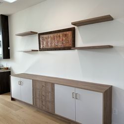 JDS Woodworks - Custom floating shelves and storage for dining room.