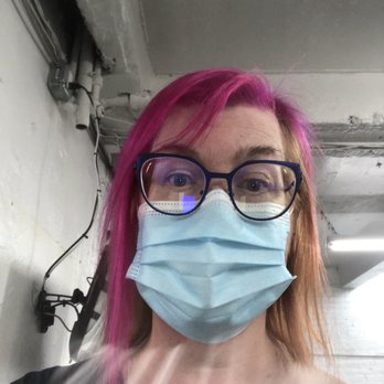 Chrystoph Marten Salon - Masked woman with pink and orange hair & a fabulous asymmetrical cut - Hair Stylists Near Me - New York, New York Chrystoph Marten Salon - Masked woman with pink and orange hair & a fabulous asymmetrical cut - Hair Stylists Near Me - New York, New York