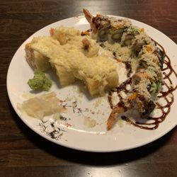 Enoki Sushi - Paradise Roll, Dancing Eel Roll, & Ponzu.