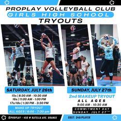 ProPlay Volleyball Club - 2025/26 Club High School TRYOUT dates are here!
Sign Up today
