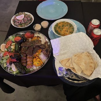 Sofreh - Sofre platter for 3, tabboule, chicken soup, pita - Mediterranean Near Me - Los Angeles, California
