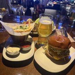 Happy Hour meal :  Joey Cheeseburger, Truffle Parmesan Fries and hidden in the back was the Szechuan Chicken Lettuce Wraps.