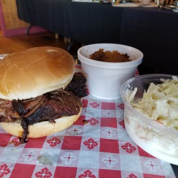 Rudy's Smokehouse - Beef brisket sandwich with side of coleslaw and sweet potato casserole. - Barbeque Near Me - Springfield, Ohio