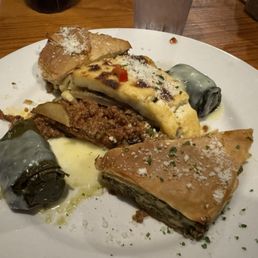 Greek Sampler Platter - spanakopita, dolmades, moussaka - yum!