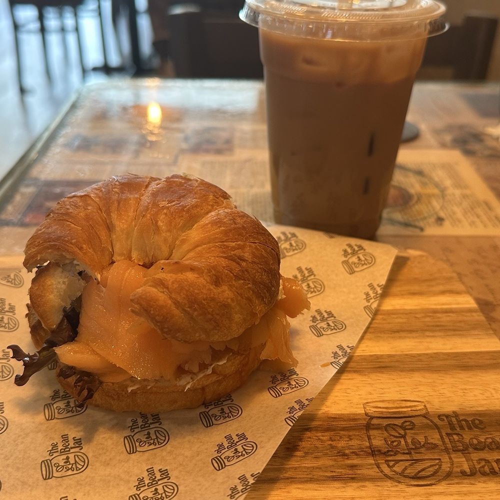 Salmon Croissant and Cinnamon Bun Iced Latte Medium (Soy Milk)