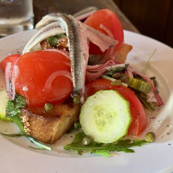 Zeppoli - Panzanella Catania (tomato and bread salad with capers, Sicilian white anchovies) - Mediterranean Near Me - Collingswood, New Jersey Zeppoli - Panzanella Catania (tomato and bread salad with capers, Sicilian white anchovies) - Mediterranean Near Me - Collingswood, New Jersey