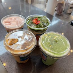 Strawberry matcha, cohen latte, matcha cream top, strawberry milk