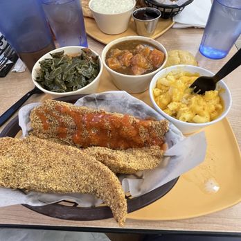Gritz Cafe - Holy Trinity (Soul Food Trio) Catfish, Collard Greens, Mac-n-Cheese and Yams - Soul Food Near Me - Las Vegas, Nevada