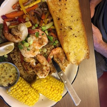 Happy's Fish House - Grilled shrimp with dirty rice, fresh veggies and corn. - Cajun/Creole Near Me - Tyler, Texas Happy's Fish House - Grilled shrimp with dirty rice, fresh veggies and corn. - Cajun/Creole Near Me - Tyler, Texas