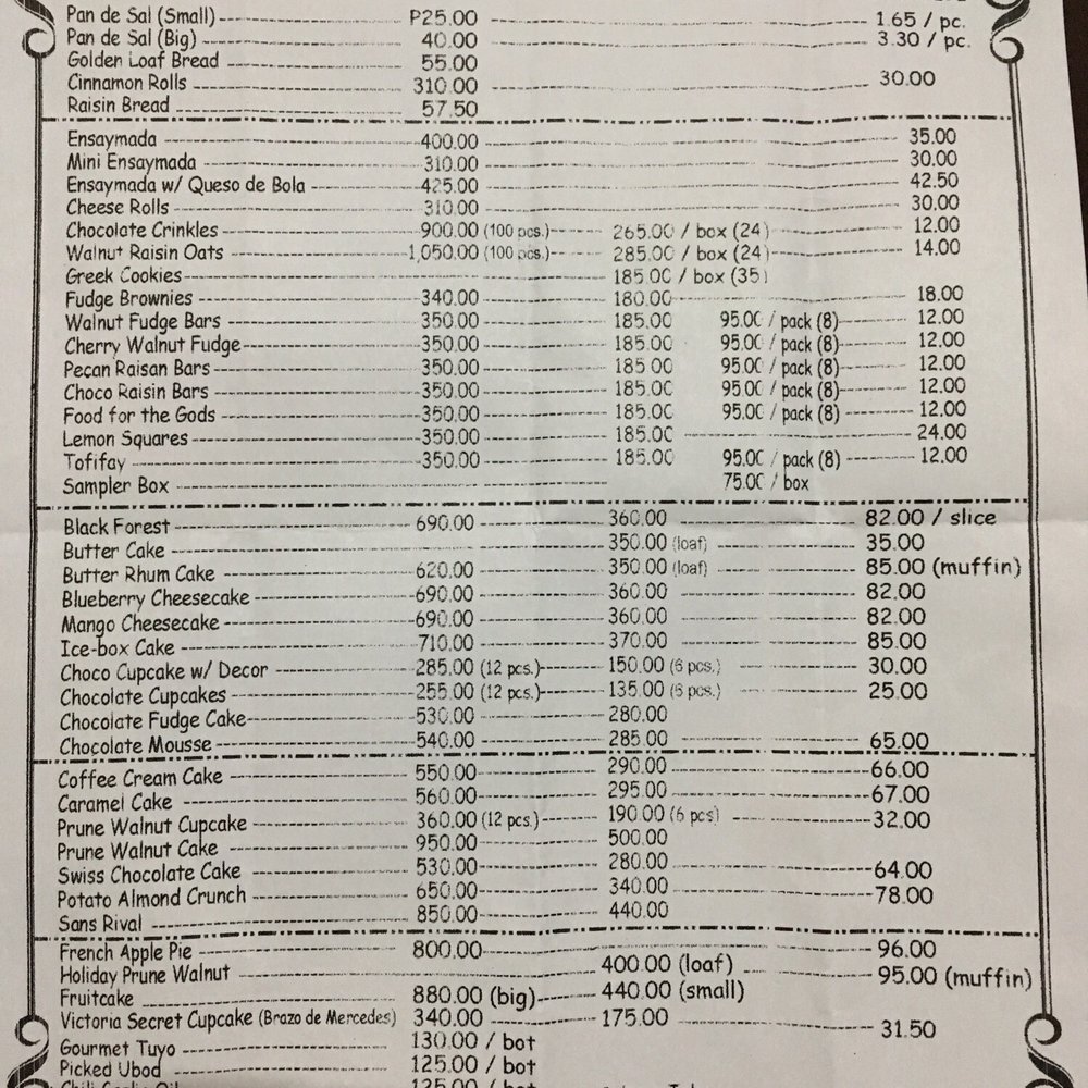 Here's the price list for their cakes and pastries effective February 2016. Here's the price list for their cakes and pastries effective February 2016.