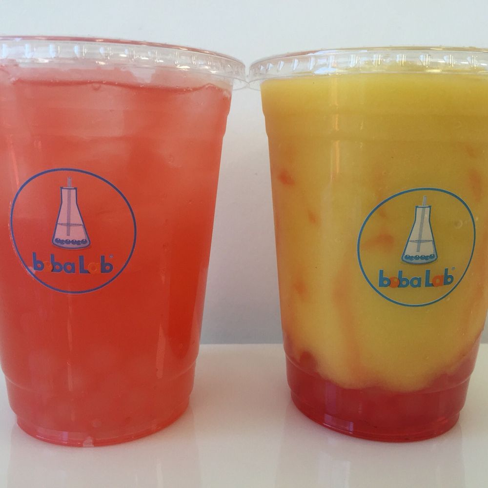 Boba Lab - Watermelon Lemonade w/Berry Boba (left) & Mango Raspberry Berry Boba (right) - Desserts Near Me - Santa Monica, California Boba Lab - Watermelon Lemonade w/Berry Boba (left) & Mango Raspberry Berry Boba (right) - Desserts Near Me - Santa Monica, California