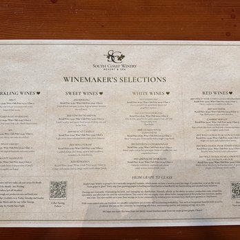 South Coast Winery - Wine tasting menu - Wineries Near Me - Temecula, California