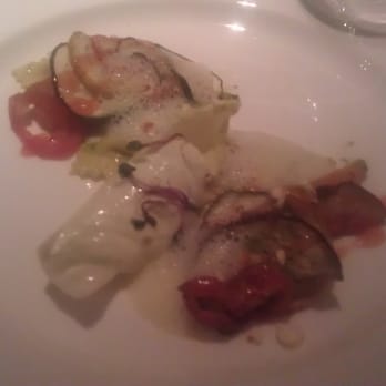 ANNA - Vegetarian main; spinach ravioli, ratatouille, orange butter braised carrot, witlof (Belgian endive) with apple cream cheese. - Modern European Near Me - Amsterdam, New Hampshire