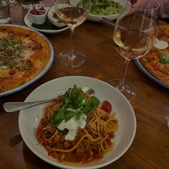 Marina - Bucatini, sausage pizza, Margherita pizza, and pesto pasta - Italian Near Me - Pasadena, California Marina - Bucatini, sausage pizza, Margherita pizza, and pesto pasta - Italian Near Me - Pasadena, California