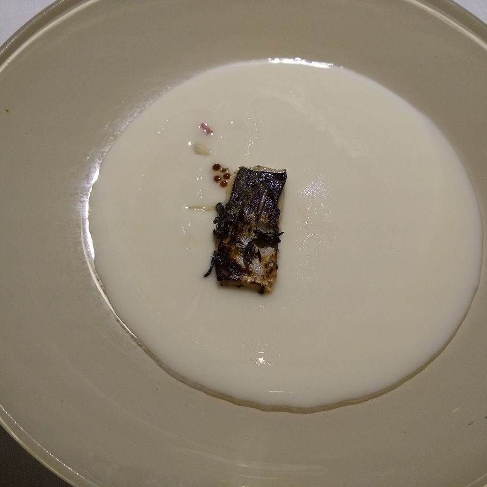 Manairó - Tasting menu dish #7 - mackerel after the garlic soup is poured on it - Mediterranean Near Me - Barcelona, B