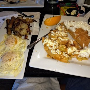 Keke's Breakfast Cafe - Waffle Combo: Eggs over-easy & Link Sausage done well. Cold, hard waffle; soggy potatoes. - Breakfast & Brunch Near Me - Riverview, Florida