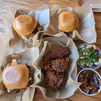 Pecking House - 3 chicken sandwiches 3 piece chili chicken with collared greens and seasonal beans - Chicken Shop Near Me - Brooklyn, New York
