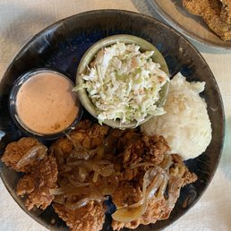 Chicken livers, scratch made mashed potatoes, and slaw. Chicken livers, scratch made mashed potatoes, and slaw.