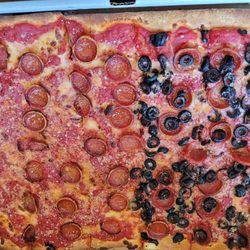 Malatesta's Italian American Pizza - Rectangular pepperoni pizza with half black olives (1 size only)  Approx $30