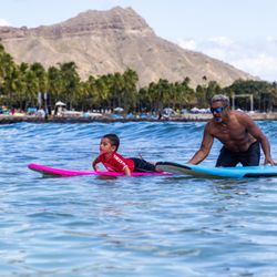 Moniz Family Surf - Papa Tony and our grandson, Honouliwai at Baby Queens.