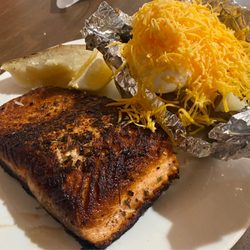 Veterans of Foreign Wars - Probably the best Salmon that I have ever had. It was cooked in a very well seasoned cast iron skillet. The baked potato was also great.