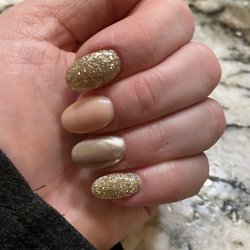 Emma's Nails - SNS powder dip nails on my natural nail (no tip), glitter, neutral, & gold chrome